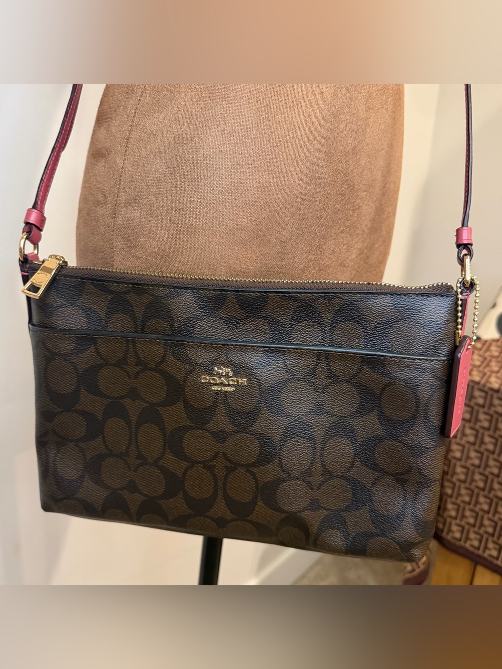 Coach Signature East West Crossbody Dark Brown and Rose